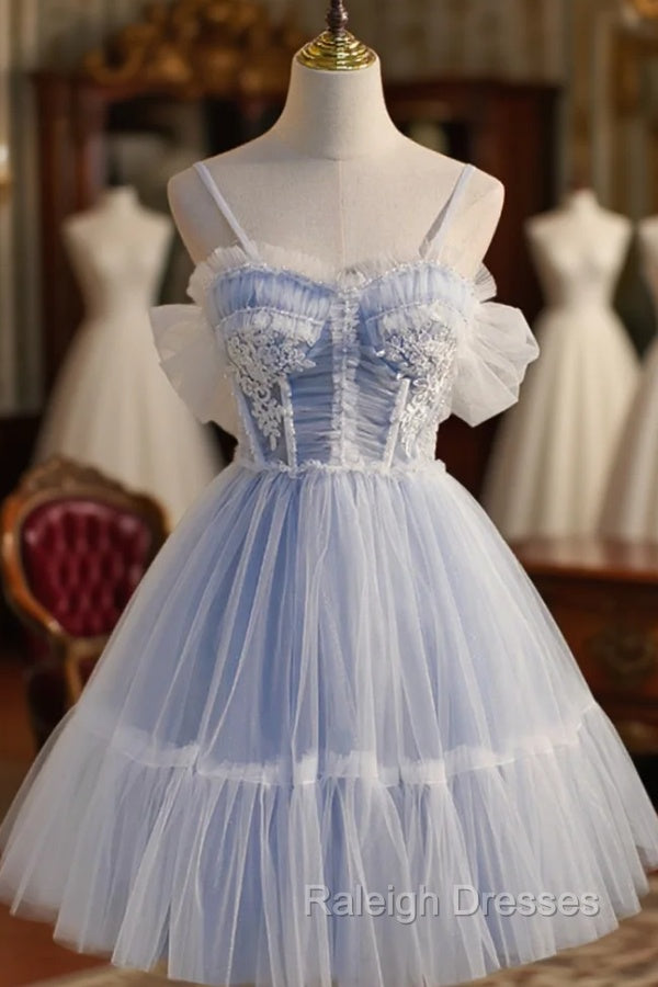 Blue Lace Short A-Line Prom Dress, Blue Spaghetti Straps Homecoming Pa