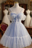 Blue Lace Short A Line Prom Dress, Blue Spaghetti Straps Homecoming Prom Dress