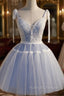 Blue Lace Short A Line Prom Dress, Cute V Neck Homecoming Prom Dress