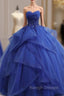 Blue Lace Strapless Ball Gown Formal Dress, Blue Long Sweet 16 Dress
