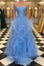 Blue Lace Tulle Long Prom Dress Blue Lace Ball Gown Blue Lace Prom Dress