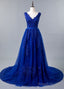 Blue Lace V-Neck A-Line Prom Dresses With Beaded Lace Appliques & Belt