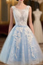 Blue Lace V Neck Homecoming Dress