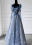 Blue Long Sleeves Sweetheart Beaded Tulle Formal Dress, Blue A Line Prom Dress