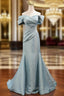 Blue Mermaid Satin Off the Shoulder Pleats Prom Dresses