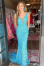 Blue Mermaid Sequin Prom Dress with V Neck