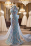 Blue Mermaid Sequins Beading Prom Dress