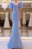 Blue Mermaid Sequins Bow Prom Dress