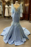 Blue Mermaid Sequins Pearls Long Sleeve Prom Dress