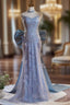 Blue Mermaid Sequins Pearls Prom Dresses With Bow