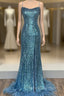 Blue Mermaid Sequins Spaghetti Straps Prom Dress