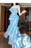 Blue Mermaid Strapless Long Ruffled Prom Dresses