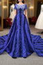 Blue Mermaid Velvet Backless Cap Sleeve Prom Dress With Removable Train