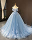 Blue Off Shoulder Tulle Lace Long Prom Dress, Blue Formal Ball Gowns Prom Dress