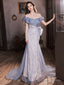 Blue Off Shoulder Tulle Sequin Mermaid Long Prom Dresses Blue Prom Dresses