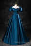 Blue Off the Shoulder Satin Floor Length Prom Dresses with Corset Blue Prom Dresses