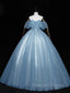 Blue Off-the-Shoulder Sequin Tulle Lace Sleeveless Lone Prom Dress Sweet 16 Gown