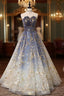 Blue Ombre Long Lace Prom Dresses, Blue Long Lace Tulle Formal Prom Dresses