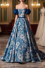 Blue Printed Long A Line Prom Dress, Blue Off the Shoulder Formal Prom Dress