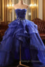 Blue Prom Dresses Ruffles Tiered Crystal Beaded Top FormalParty Dress, High Low Prom Dress