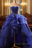 Blue Prom Dresses Ruffles Tiered Crystal Beaded Top FormalProm Dress, High Low Prom Dress