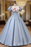 Blue Puff Sleeve Pink Bow Quinceanera Dress