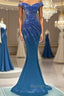 Blue Robe De Soiree Mermaid Off The Shoulder Beaded Crystals Long Prom Dresses Prom Gown Evening Dresses