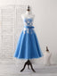 Blue Round Neck Tulle Lace Applique Tea Long Prom Dress, Bridesmaid Dress