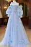 Blue Round Neck Tulle Lace Long Prom Dress, Blue Tulle Prom Dress