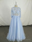 Blue Round Neck Tulle Lace Long Prom Dress, Blue Tulle Lace Prom Dress