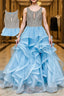 Blue round neck tulle sequin Prom Dresses Long blue tulle Prom Dresses