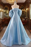 Blue Satin A-line Long Party Dress, Blue Satin Long Evening Dress Prom Dress