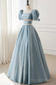 Blue Satin Beaded Long Prom Dress, Blue Short Sleeve Prom Dress