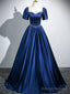Blue Satin Beaded Short Sleeves Long Prom Dresses Blue Sweetheart Prom Dresses