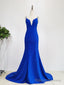 Blue Satin Beads Long Mermaid Prom Dress Blue Formal Dress