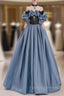 Blue Satin Black Lace Strapless Prom Dress