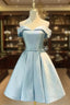 Blue Satin Cute Short Homecoming Dress, Off Shoulder Prom Dress