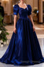 Blue Satin Floor Length Prom Dress, A Line Short Sleeve Backless Prom Prom Dress