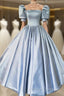 Blue Satin Floor Length Prom Dresses A-Line Short Sleeve Prom Dresses