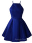 Blue Satin Halter Knee Length Bridesmaid Dresses Royal Blue Homecoming Dresses