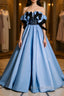 Blue satin lace long prom dress blue satin evening dress