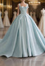 Blue Satin Long A Line Formal Dress, Blue Prom Prom Dress