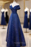 Blue Satin Long A-line Formal Dress Prom Dress, Off Shoulder Blue Evening Dress