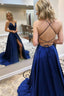 Blue Satin Long A Line Prom Dress Blue Evening Dress