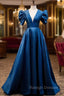 Blue Satin Long A-Line Prom Dress, Elegant Short Sleeve Party Dress