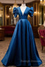 Blue Satin Long A Line Prom Dress, Elegant Short Sleeve Prom Dress