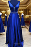Blue Satin Long A-Line Prom Dresseses