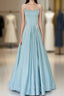 Blue Satin Long A Line Prom Dress, Spaghetti Straps Prom Dress