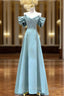 Blue Satin Long A-Line Prom Dress, Unique Spaghetti Straps Evening Dress