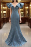 Blue Satin Mermaid V-neck Beading Prom Dress
